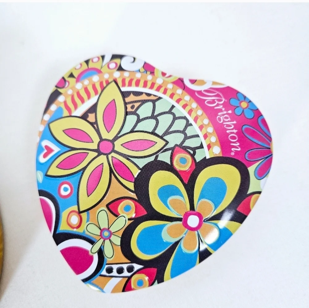 Brighton Heart-Shaped Floral Jewelry Tin Trinket Boxes Set of 2
